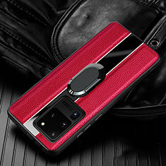 Funda Silicona Goma de Cuero Carcasa con Magnetico Anillo de dedo Soporte T04 para Samsung Galaxy S20 Ultra 5G Rojo