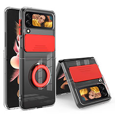 Funda Silicona Ultrafina Carcasa Transparente con Anillo de dedo Soporte S01 para Samsung Galaxy Z Flip3 5G Rojo