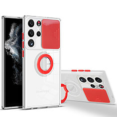 Funda Silicona Ultrafina Carcasa Transparente con Anillo de dedo Soporte S03 para Samsung Galaxy S21 Ultra 5G Rojo