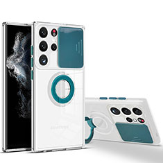 Funda Silicona Ultrafina Carcasa Transparente con Anillo de dedo Soporte S03 para Samsung Galaxy S21 Ultra 5G Verde Noche