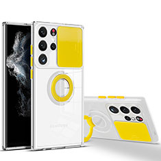 Funda Silicona Ultrafina Carcasa Transparente con Anillo de dedo Soporte S03 para Samsung Galaxy S22 Ultra 5G Amarillo