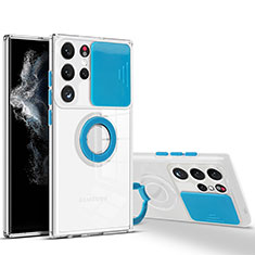 Funda Silicona Ultrafina Carcasa Transparente con Anillo de dedo Soporte S03 para Samsung Galaxy S22 Ultra 5G Azul