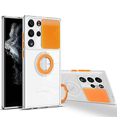 Funda Silicona Ultrafina Carcasa Transparente con Anillo de dedo Soporte S03 para Samsung Galaxy S22 Ultra 5G Naranja