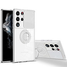 Funda Silicona Ultrafina Carcasa Transparente con Anillo de dedo Soporte S03 para Samsung Galaxy S23 Ultra 5G Blanco