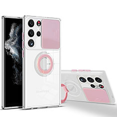 Funda Silicona Ultrafina Carcasa Transparente con Anillo de dedo Soporte S03 para Samsung Galaxy S23 Ultra 5G Rosa