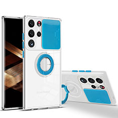 Funda Silicona Ultrafina Carcasa Transparente con Anillo de dedo Soporte S03 para Samsung Galaxy S24 Ultra 5G Azul