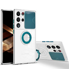 Funda Silicona Ultrafina Carcasa Transparente con Anillo de dedo Soporte S03 para Samsung Galaxy S24 Ultra 5G Verde Noche