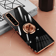 Funda Silicona Ultrafina Carcasa Transparente con Magnetico Anillo de dedo Soporte AN1 para Sony Xperia 1 V Oro Rosa