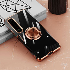 Funda Silicona Ultrafina Carcasa Transparente con Magnetico Anillo de dedo Soporte para Sony Xperia 10 IV Oro Rosa