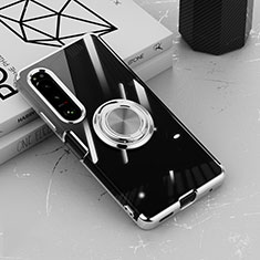 Funda Silicona Ultrafina Carcasa Transparente con Magnetico Anillo de dedo Soporte para Sony Xperia 10 IV Plata