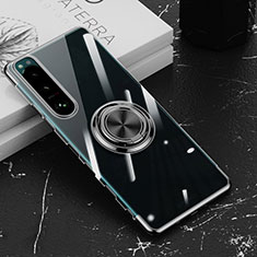 Funda Silicona Ultrafina Carcasa Transparente con Magnetico Anillo de dedo Soporte para Sony Xperia 5 III Negro