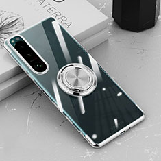 Funda Silicona Ultrafina Carcasa Transparente con Magnetico Anillo de dedo Soporte para Sony Xperia 5 III Plata