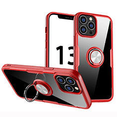 Funda Silicona Ultrafina Carcasa Transparente con Magnetico Anillo de dedo Soporte S01 para Apple iPhone 13 Pro Max Rojo