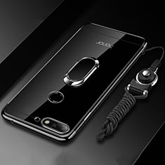 Funda Silicona Ultrafina Carcasa Transparente con Magnetico Anillo de dedo Soporte S01 para Huawei Enjoy 8e Negro