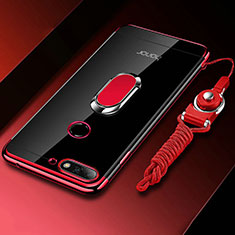 Funda Silicona Ultrafina Carcasa Transparente con Magnetico Anillo de dedo Soporte S01 para Huawei Enjoy 8e Rojo
