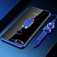 Funda Silicona Ultrafina Carcasa Transparente con Magnetico Anillo de dedo Soporte S01 para Huawei Y6 Prime (2018) Azul
