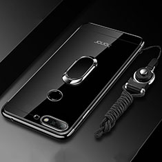 Funda Silicona Ultrafina Carcasa Transparente con Magnetico Anillo de dedo Soporte S01 para Huawei Y6 Prime (2018) Negro