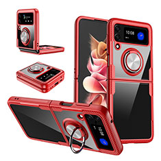 Funda Silicona Ultrafina Carcasa Transparente con Magnetico Anillo de dedo Soporte S01 para Samsung Galaxy Z Flip3 5G Rojo