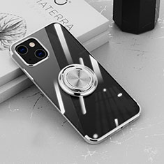 Funda Silicona Ultrafina Carcasa Transparente con Magnetico Anillo de dedo Soporte Z02 para Apple iPhone 14 Plus Plata
