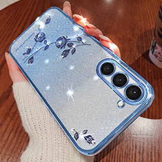 Funda Silicona Ultrafina Carcasa Transparente Flores para Samsung Galaxy S22 Plus 5G Azul