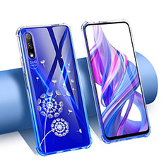 Funda Silicona Ultrafina Carcasa Transparente Flores T01 para Huawei Honor 9X Azul