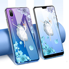 Funda Silicona Ultrafina Carcasa Transparente Flores T01 para Huawei P20 Azul