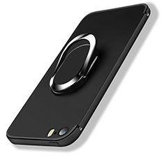 Funda Silicona Ultrafina Goma con Anillo de dedo Soporte A01 para Apple iPhone 5S Negro