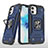 Funda Bumper Silicona y Plastico Mate Carcasa con Magnetico Anillo de dedo Soporte R02 para Apple iPhone 12 Azul