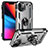 Funda Bumper Silicona y Plastico Mate Carcasa con Magnetico Anillo de dedo Soporte S05 para Apple iPhone 13 Mini Plata