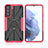 Funda Bumper Silicona y Plastico Mate Carcasa con Magnetico Anillo de dedo Soporte T09 para Samsung Galaxy S22 5G Rosa Roja