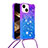 Funda Silicona Carcasa Goma Bling-Bling con Acollador Cordon Lanyard S01 para Apple iPhone 13 Morado