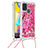 Funda Silicona Carcasa Goma Bling-Bling con Acollador Cordon Lanyard S02 para Samsung Galaxy M21s Rosa Roja