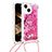 Funda Silicona Carcasa Goma Bling-Bling con Acollador Cordon Lanyard S03 para Apple iPhone 14 Plus Rosa Roja