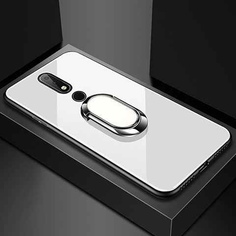 Carcasa Bumper Funda Silicona Espejo con Anillo de dedo Soporte para Nokia 6.1 Plus Blanco