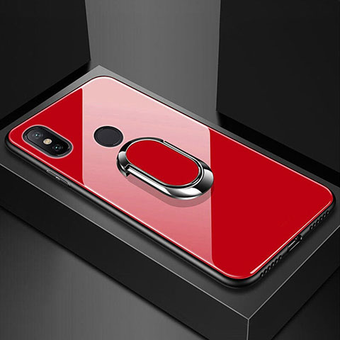 Carcasa Bumper Funda Silicona Espejo con Magnetico Anillo de dedo Soporte A01 para Xiaomi Redmi 6 Pro Rojo