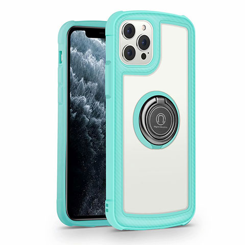 Carcasa Bumper Funda Silicona Espejo con Magnetico Anillo de dedo Soporte N01 para Apple iPhone 12 Pro Max Cian