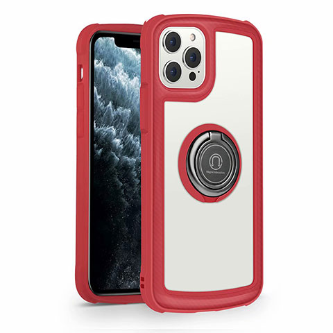 Carcasa Bumper Funda Silicona Espejo con Magnetico Anillo de dedo Soporte N01 para Apple iPhone 12 Pro Max Rojo