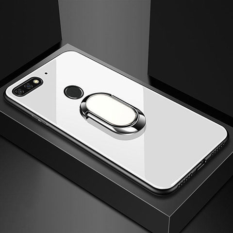 Carcasa Bumper Funda Silicona Espejo con Magnetico Anillo de dedo Soporte para Huawei Honor 7A Blanco