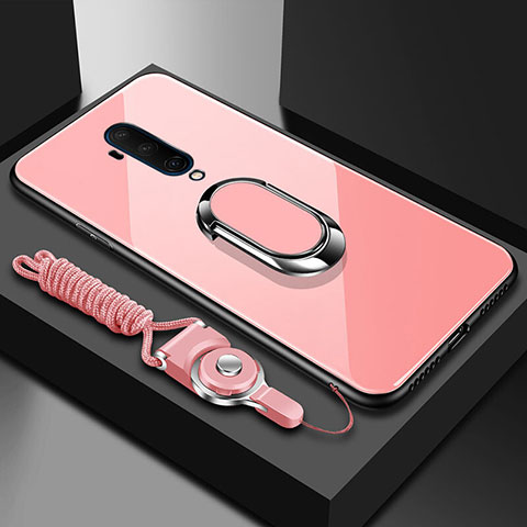 Carcasa Bumper Funda Silicona Espejo con Magnetico Anillo de dedo Soporte para OnePlus 7T Pro Oro Rosa