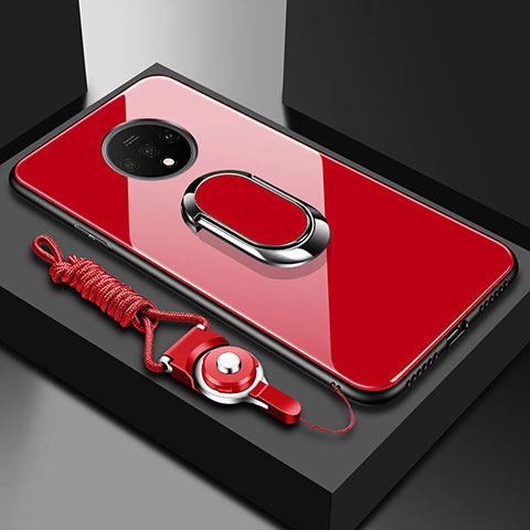Carcasa Bumper Funda Silicona Espejo con Magnetico Anillo de dedo Soporte para OnePlus 7T Rojo