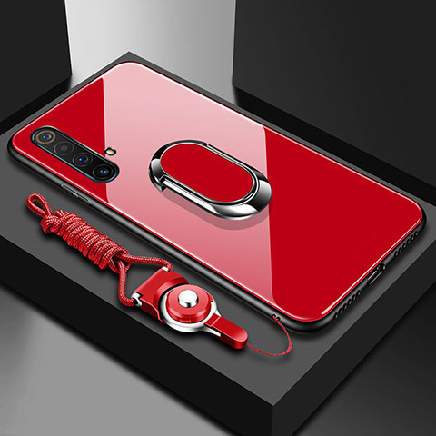Carcasa Bumper Funda Silicona Espejo con Magnetico Anillo de dedo Soporte para Realme X50 5G Rojo