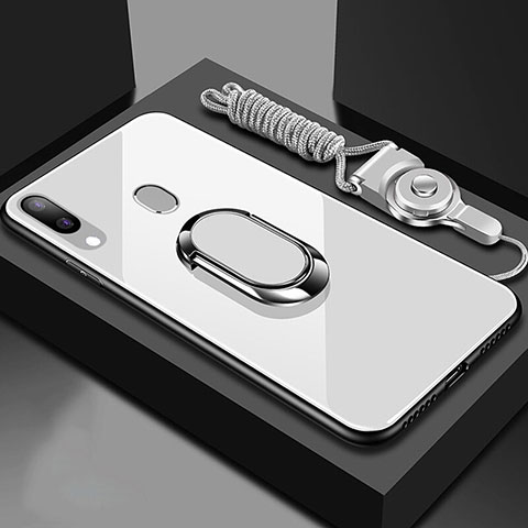 Carcasa Bumper Funda Silicona Espejo con Magnetico Anillo de dedo Soporte para Samsung Galaxy A40 Blanco