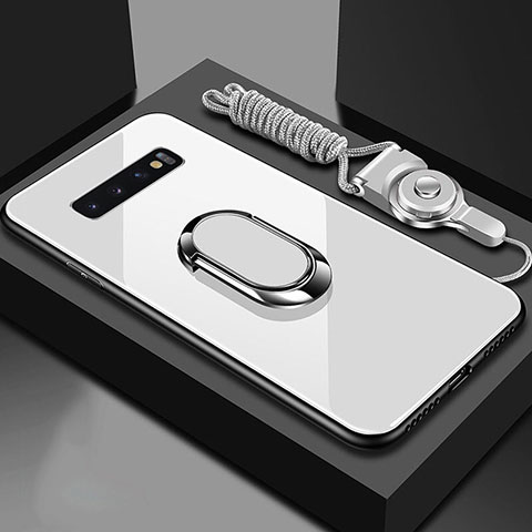Carcasa Bumper Funda Silicona Espejo con Magnetico Anillo de dedo Soporte para Samsung Galaxy S10 Blanco