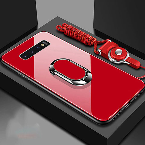 Carcasa Bumper Funda Silicona Espejo con Magnetico Anillo de dedo Soporte para Samsung Galaxy S10 Rojo