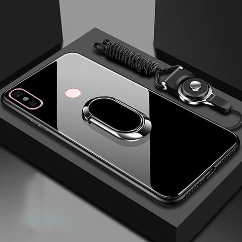 Carcasa Bumper Funda Silicona Espejo con Magnetico Anillo de dedo Soporte para Xiaomi Mi A2 Negro