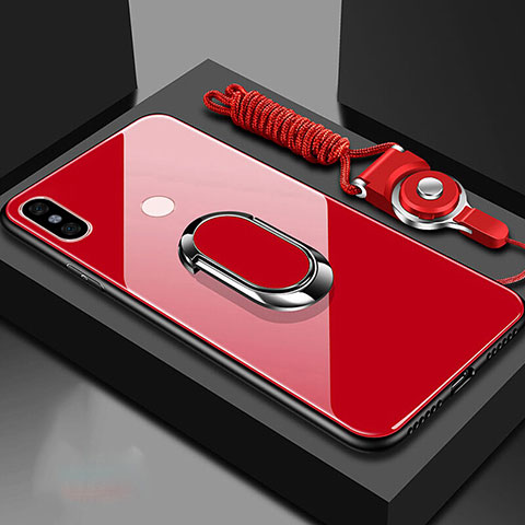 Carcasa Bumper Funda Silicona Espejo con Magnetico Anillo de dedo Soporte para Xiaomi Mi A2 Rojo