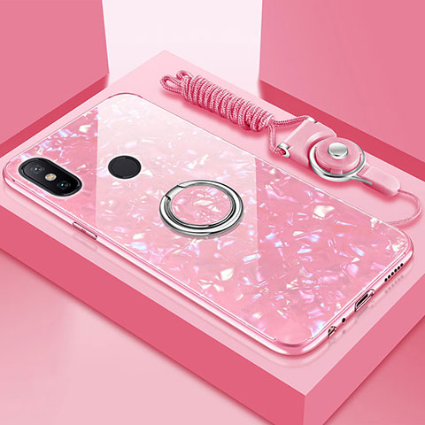 Carcasa Bumper Funda Silicona Espejo con Magnetico Anillo de dedo Soporte para Xiaomi Redmi 6 Pro Rosa