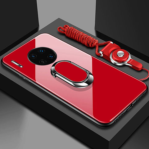Carcasa Bumper Funda Silicona Espejo con Magnetico Anillo de dedo Soporte T01 para Huawei Mate 30 5G Rojo