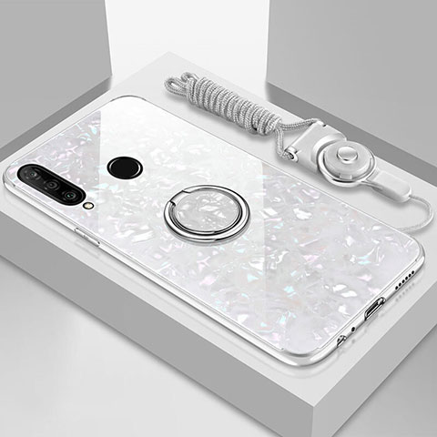 Carcasa Bumper Funda Silicona Espejo con Magnetico Anillo de dedo Soporte T01 para Huawei P30 Lite Blanco