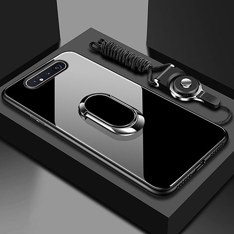 Carcasa Bumper Funda Silicona Espejo con Magnetico Anillo de dedo Soporte T01 para Samsung Galaxy A80 Negro